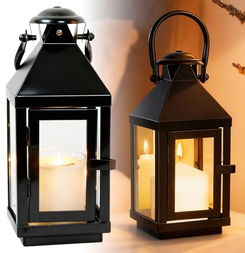 Laterne Schwarz Metall 22cm, Wetterfest Kerzenlaterne für Draußen, Garten und Friedhof, Outdoor Windlicht Gartenlaternen Metall Kerzenhalter Laterne Retro Deko für Balkon, Weihnachten, Tisch