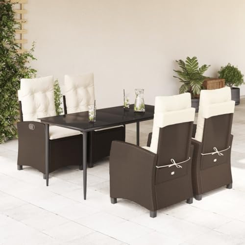 Ziaphsol 5-TLG. Garten-Essgruppe mit Kissen Braun, Poly Rattan Outdoor Möbel Set, Verstellbare Relaxsessel, Glastisch für Terrasse, Balkon, Hinterhof