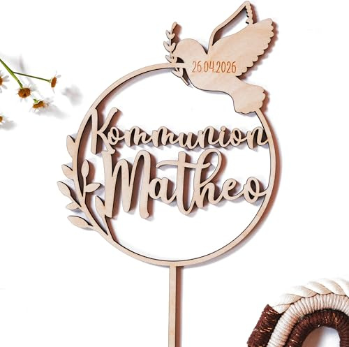 Kommunion Cake Topper personalisiert aus Holz – Mit Name & Datum – Fisch oder Taube als Symbol – Individuelle Tortenstecker Deko christlich für Jungen und Mädchen erste heilige Kommunion -