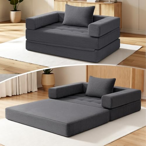 HOMMPA Faltbares Schlafsofa umwandelbarer 5-in-1 Sofa Bett Grau 128CM | Sofa Schlafsessel mit Kissen Helfen Sitzsack-Sofa Stuhl Schlafcouch Bodensofa-Lounge Gästebett für Schlafzimmer Wohnzimmer