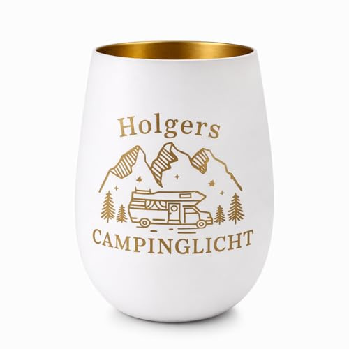 Personalisiertes Camping Windlicht mit Name – Geschenk für Camper & Wohnmobil Besitzer – Teelichthalter Glas – Camping Geschenk (Weiß matt/Gold innen)
