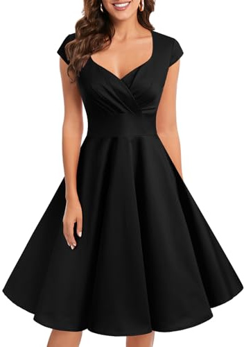 Bbonlinedress Vestido Fiesta Mujer Retro Años 50 Vintage de Cóctel Invierno para Invitada Boda Comunion Dama de Honor Cuello V Manga Corta Black S