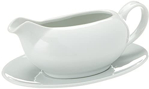 Concept4u KD12687 Salsera de 550 ml con platillo, Plato para Fiestas, vajilla, Jarra para Servir Salsas, Porcelana, Blanco