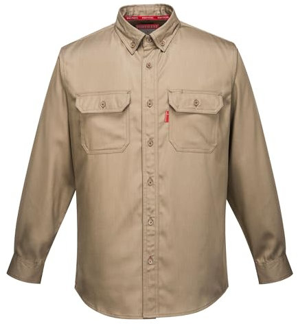 Portwest FR89 Bizflame 88/12 Lightweight FR Shirt Flame-Resistant ARC2 Protection CE Certified UV Resistant Durable Workwear Chest Pockets Adjustable Cuffs Breathable Fabric, Khaki, 5XL