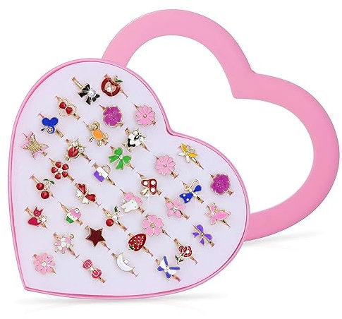 Czemo 36 Stück Kinderringe Mädchen Verstellbar Ringe Set mit Herzform Vitrine Ringset für Kinder Geburtstag Party Favors