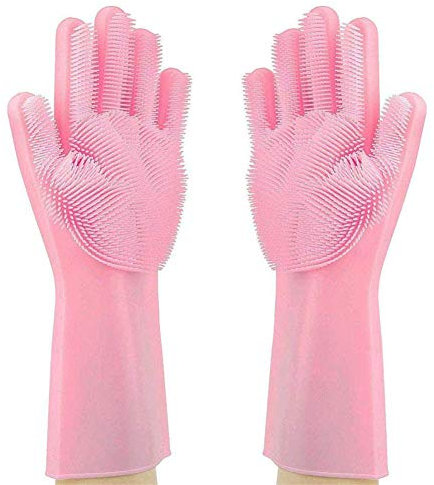 DUBENS Silikon-Handschuhe Wash Scrubber Waschhandschuh, Hitzebeständige Spülhandschuhe Reinigungsbürste für für Reinigung, Haushalt, Geschirrspülen, Das Auto Waschen, Pet Hair Care (Rosa)
