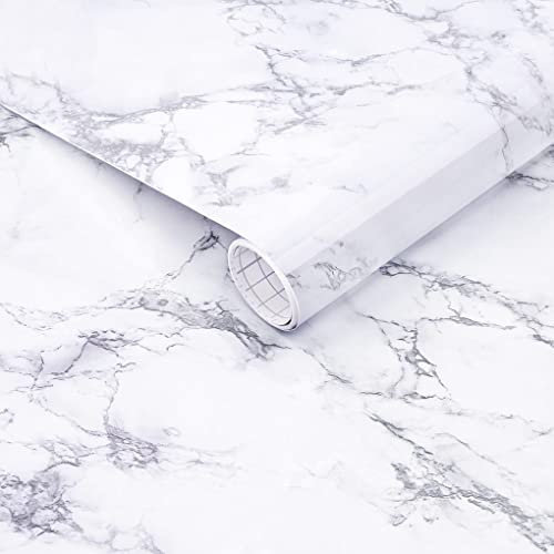 Arthome Weiß Klebefolie Marmor Folie 44cmx6m Abziehen und Aufkleben Tapete Selbstklebende Vinyl Dekorative Folie für Möbel Schreibtisch, Küche Arbeitsplatte, Regal Liner Cover Oberflächen