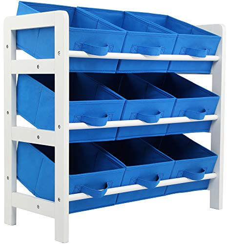Charles Jacobs 3 Tier Toy Storage Unit with 9 Fabric Boxes for Kids Bedroom (Blue)