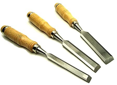 Marksman Wooden Handled Chisel Set - 3 Piece Set Including 12mm (1/2) 19mm (3/4) and 25mm (1) Wooden Handled Wood Chisels with Metal Reinforcing Ring for Mallet Strikes