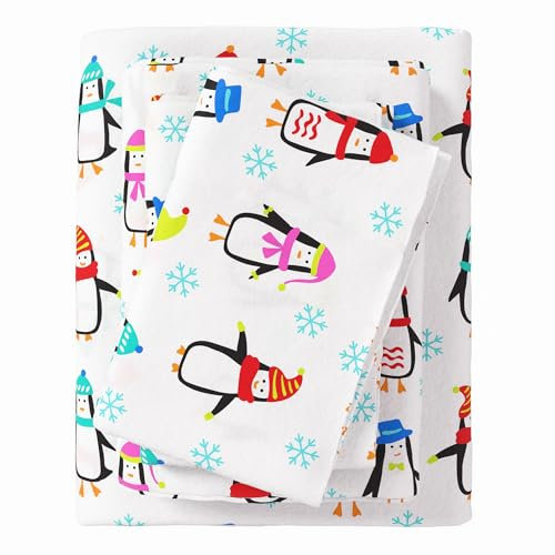 Great Bay Home Weihnachts-Flanell-Bettwäsche-Set, volle Größe, 100 % türkische Baumwolle, doppelt gebürstet, Winter-Bettwäsche-Set, ultraweich, gemütlich, 4-teiliges Urlaubs-Bettwäsche-Set (Pinguine)