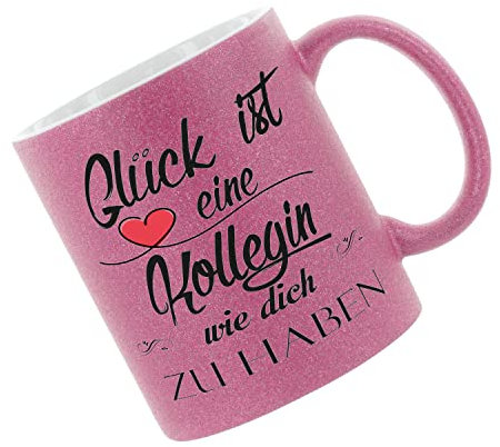 Crealuxe Glitzertasse (Pink) 'Glück ist eine Kollegin wie dich zu haben' bedruckt, Kaffeetasse, Bürotasse