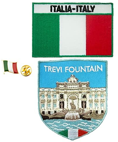 A-ONE 3 Stück,Trevi Brunnen-Aufnäher + Italien-Flagge Brosche und Abzeichen, Rom-Wahrzeichen, Wunschbrunnen-Souvenir, Münzen im Brunnen, Abzeichen und Brosche für einfarbige Hemden, Jeans, Nr. 273B