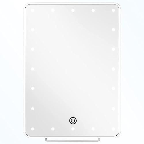 himaly LED Kosmetikspiegel mit Dimmbarem Licht, 360° Drehbar, Tragbar, 28x20,3 cm, Weiß-Quadrat, ABS Rahmen, Kunststoff Oberfläche, Batterie oder USB betrieben, Ideal für Bad und Reise