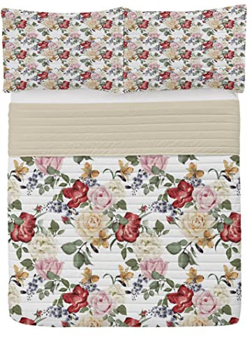 ABAKUHAUS Shabby Flora Mikrofaser Tagesdecken Set, Flieder Rosen Blumen, weiches Bettwäscheset mit Kissenbezügen und Steppdecke, 220 cm x 220 cm, Pale Pink Cream