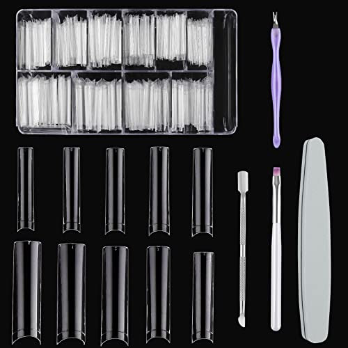 EBANKU 500PCS Tips d'Ongles Demi-Couverture Extra Longs, Capsules Carrées Droites Extra Longues, Faux Ongles Français Transparents 10 Tailles avec étui et 4 Outils d'art des Ongle pour Salons