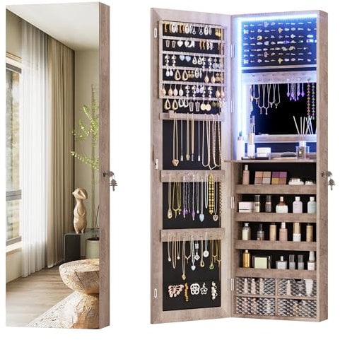 Vlsrka LED Schmuckschrank Hängend, Türspiegel/Wandspiegel mit schmuckschrank, Schmuckschrank mit Spiegel Abschließbarer, Schmuckspielgelschrank mit 3 Farben Licht, Spiegelschrank mit Beleuchtung, Holz