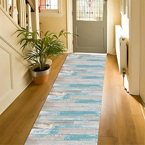 Teppich Läufer Flur Vintage Geometrisches Muster Rutschfest Küchenteppich Flurteppich Waschbar Meterware Teppichläufer Blau Holzoptik Teppich Für Korridor Küche Wohnzimmer Schlafzimmer,60x250cm