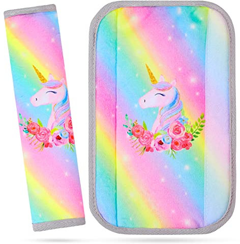 MHJY Gurtschoner Kinder Auto Gurtpolster Einhorn Autogurt Polster Mädchen Gurtschutz 2 Stück Sicherheitsgurt Anschnallgurt Polster Hals Autogurt Schutz