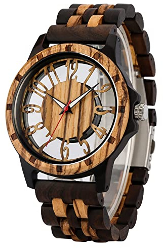 Realpoo Transparent Deep Brown Skeleton Arabic Numerals Dial Quartz Wooden Men's Watch, Quartz Movement Natural Wood Strap Watches for Men - Deep Brown