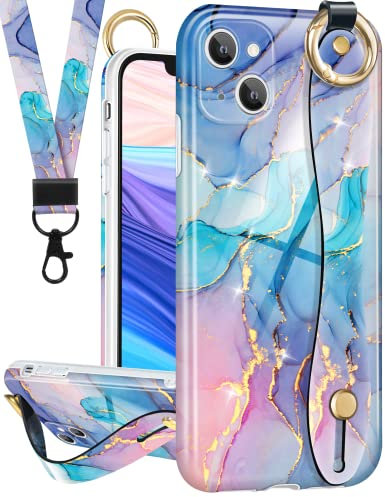 LISEVO 2-in-1-Schutzhülle mit Riemen für iPhone 13 (15,5 cm), niedliches ästhetisches Marmor-Design, Mädchen-Handschlaufe, Handschlaufe, Handschlaufe, Finger-Telefonhülle und Umhängeband für iPhone
