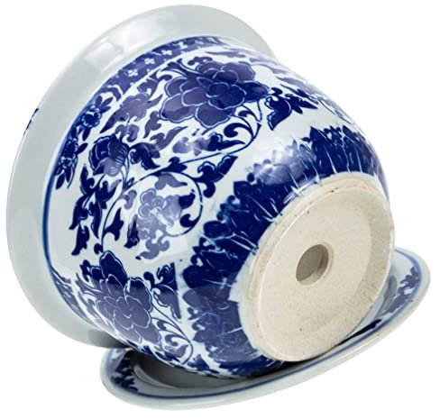 YARNOW Pot Céramique pour Orchidées avec Plateau Pot Bleu Et Blanc Porcelaine pour Plantes Intérieur Jardinière Élégante Et Respirante avec Drainage pour Orchidées Et Fleurs