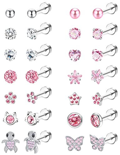 14 Pairs Flat Back Earrings Hypoallergenic for Women Girls - Surgical Stainles Steel Cute CZ Heart Flower Pearl Earrings Pink Screw Back Sleeper Earrings Set 20G Over 3 Years Old Pink