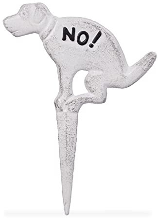 Relaxdays Cartel Jardín para Prohibición Excremento Perro, Letrero con Estaca Césped, Señal Huerto 32 x 24 cm, Blanco, Hierro Fundido, 32 x 24 x 1 cm