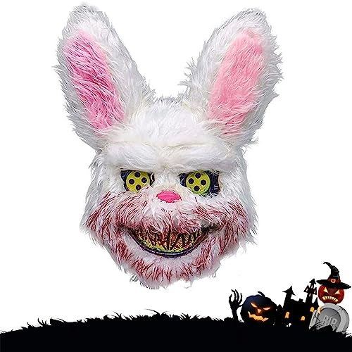 FiveMileBro Masque Effrayant d'Halloween, Effrayant Lapin Masque, Masque de Lapin en Peluche pour Enfant Adulte, pour Halloween Carnaval Fête Déguisées Cosplay Mascarade (lapin) W26/L32