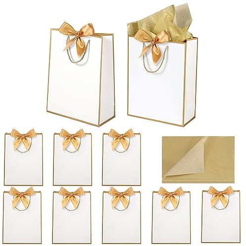 10 Pcs Chirstmas Gift Bags Multipack with 10 Tissue Paper Handles Presents Paper Bags Medium Gift bags for Wedding Baby Shower Bridesmaid Party