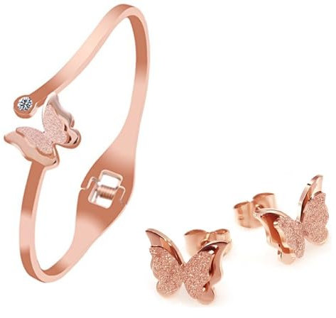 KIM JOHANSON® Edelstahl Damen Schmuckset *Butterfly* Ohrringe & Armreif in Roségold | Boho Schmuck für Frauen & Mädchen | Schmetterling Armband verstellbar | 3D Design | Wasserfest inkl. Schmuckbeutel