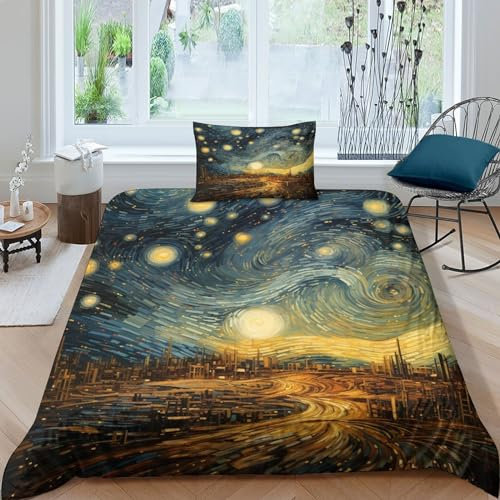 AAHARYA Sternenklare Nacht Bettwäsche,Van Gogh Style Bettwäsche-Sets,Premium,Bettbezug Und Kissenbezug,Bettwäsche-Sets Mit Reißverschluss,Atmungsaktiv Single（135x200cm）