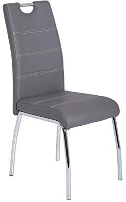 Hela Tische, 1ner Pack Esszimmerstuhl Susi, Bezug Kunstleder Grau, Chromgestell, Lehne mit Griff, 120kg belastbar