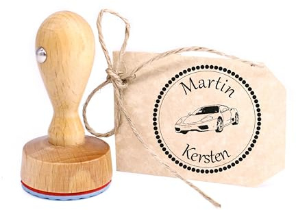 Dekolando Auto Stempel personalisiert Kinder - mit persönlichem Namen - Kinderstempel Namensstempel Junge Motivstempel Holzstempel Ø 24 mm - Stempelkissen optional (Auto)