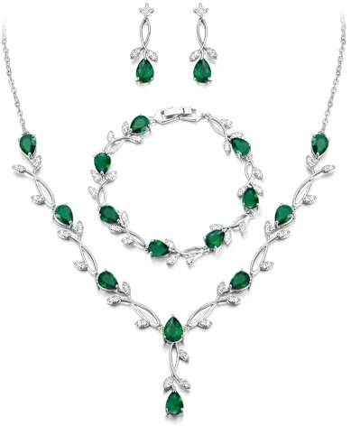 EVER FAITH Hochzeit Schmuck Set für Braut Brautjungfer, Grün Silber-Ton Teardrop Cubic Zirkonia Blatt Rebe Prom Halskette baumeln Ohrringe Armband für Damen