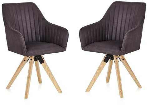 KHG Esszimmerstühle drehbar 2er Set, Drehstuhl mit Armlehnen Mikrofaser Dunkelgrau, Stuhlbeine Holz Esche, Küchenstuhl, Polsterstuhl, Essstuhl, Armlehnstuhl, für Esszimmer Küche Büro