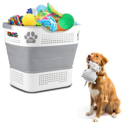 APITOS Large Dog Toys Storage Bins Foldable Dog Toy Storage Basket 43l Plastic Dog Toy Box with Handles and Personalized Dog Claw Design for Dog Toys,Dog Clothes Dog Blanket Storage/ White&Grey