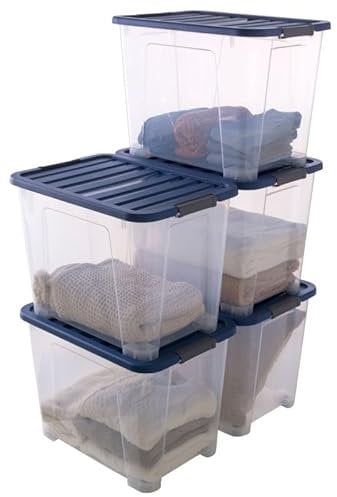 SUNDIS Wave Box, Aufbewahrungsbox mit deckel, 60L, mit clips, transparentem Kunststoff, stapelbar, ideal für die Aufbewahrung von Schlafzimmer, Spielzeug, Büro, Dachboden oder Garage