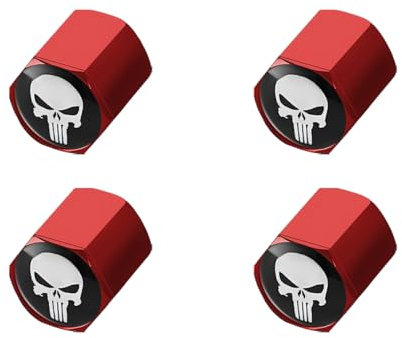 JNNJ 4 Stücke Totenkopf-Reifenventilkappen Für Auto, Autoventilkappen Personalisiert Großer Sechseckiger Tropfenteller Totenkopf Logo Autoteile, Auto-Ventilkappen Personalisiert Großer Hex(Rot)