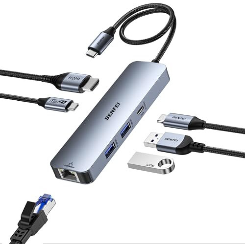 BENFEI 6IN1 USB C Hub mit HDMI 4k@60HZ/PD 100W/ Gigabit Ethernet/ 1*USB C+2*USB A Datenports 5Gbps, USB C Dock USB C Adapter Multiportadapter für MacBook Pro/Air iPad Pro iMac iPhone 15 Pro/Pro Max