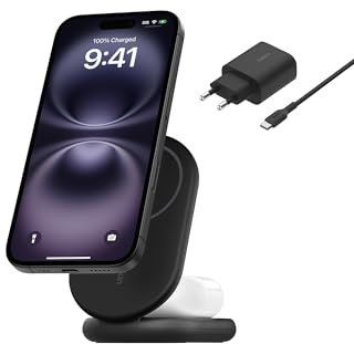 Belkin BoostCharge 2-in-1 magnetisches einklappbares Ladegerät Qi2, MagSafe-kompatibles 15 W, Schnellladegerät für Apple iPhone 16/15/14/13/12, induktive Ladestation, inklusive Netzteil – Schwarz