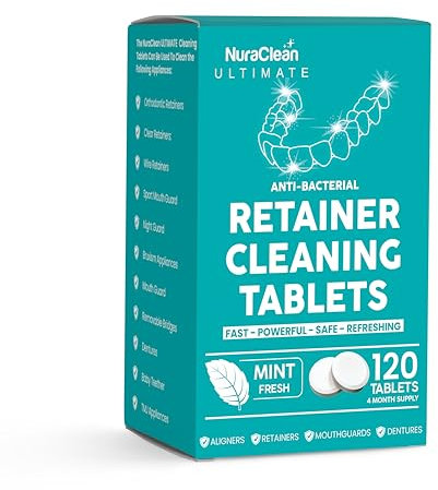 NuraClean Ultimate Retainer Cleaning Tablets Mint Fresh Removes Stains, Deposits, Odor, Safe for Retainers, Aligners, Dentures, Dentures, Dental Protection, 120 Tablets, Fast 15 Minute