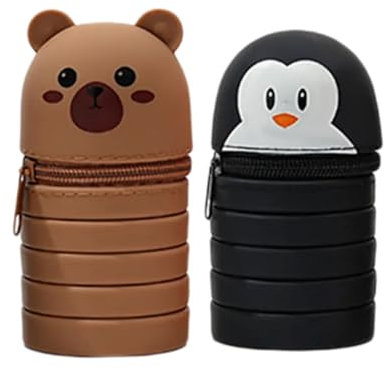 RPFROP Federmäppchen, Teleskop-Federmäppchen, ausziehbare Stifteetui, Reißverschluss, Silikon-Stifttasche, Stehstifthalter für Kinder, Studenten, 2 Stück, Pinguin und Bär, Federmäppchen