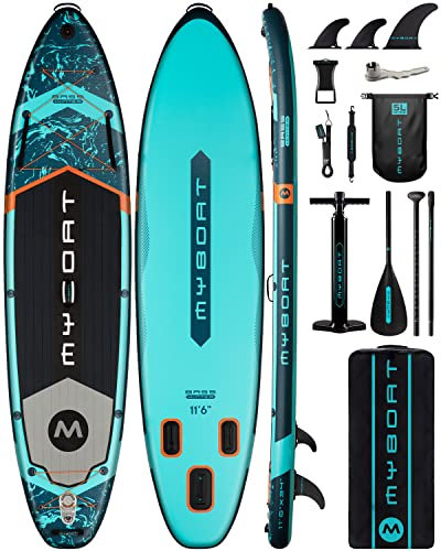 MyBoat Bass Hunter, Ultraleichtes & stabiles Paddelbrett zum Zwei SUP Board, 350x86x15cm extra breit aufblasbares Sup-Board 3 abnehmbaren Flossen, Rucksack, Pumpe, Starkes verstellbares Paddel (Blau)