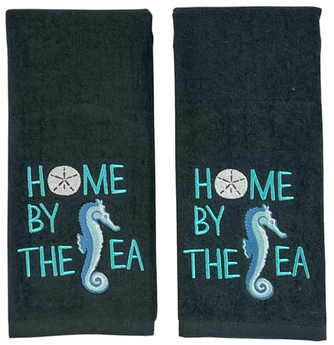 Home by The Sea Set of 2 Embroidered Bath Towels 100% Cotton, Dark Grey