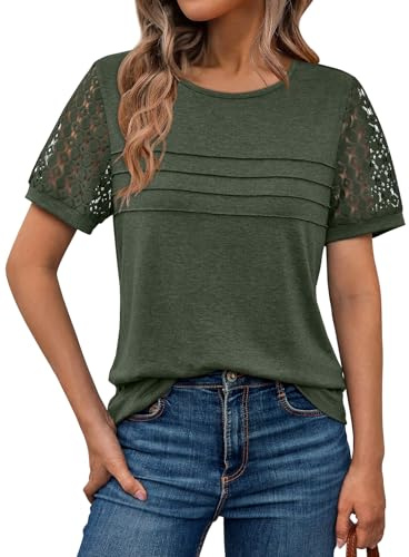 AUTOMET Short Sleeve Shirts for Women Summer Tops 2026 Spring Fashion Dressy Casual Outfits Lace Trendy Top Cute Work T Shirt Business Vacation Clothes Blouses Army Green XL