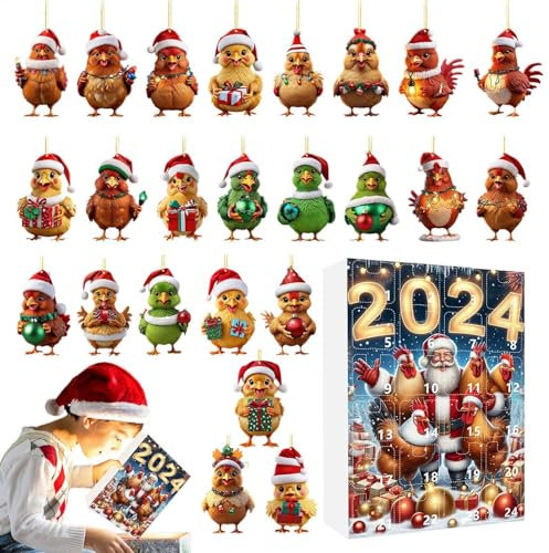 2024 Huhn Ankunft Kalender - Entzückendes Weihnachtshühnchen mit Weihnachtsmannmützen Countdown-Kalender | 24 Tage Weihnachts-Countdown-Kalender Huhn | Hühner-Countdown-Kalender für Freunde, Familie