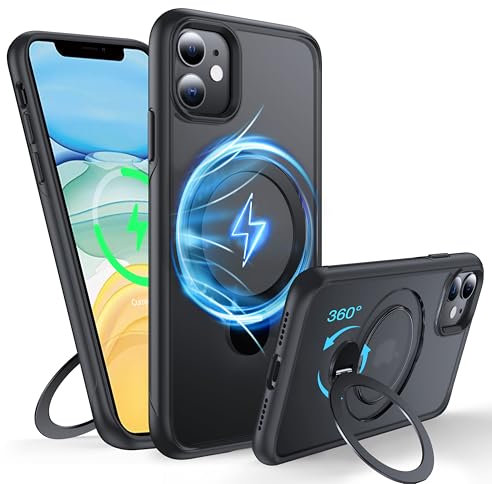 FNDMIL 360°Drehbarer Magnetisch für iPhone 11 Hülle mit MagSafe [Unsichtbarer Ständer][Rutschfester Textur][Militär Schutz] Translucent Matt Hardcase mit Silikon Case Dünn,Schwarz