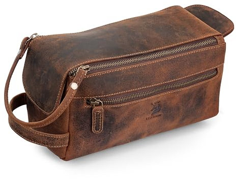 Learichi Trousse de toilette en cuir Hunter faite à la main de 25,4 cm pour homme - Ensemble double de voyage étanche - Organiseur marron vintage avec fermetures éclair en métal - Marié, Naturel