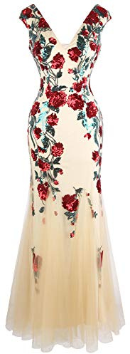 Angel-fashions Damen Kleid mit tiefem V-Ausschnitt, Rosen-Pailletten, Etuikleider, rot, 40