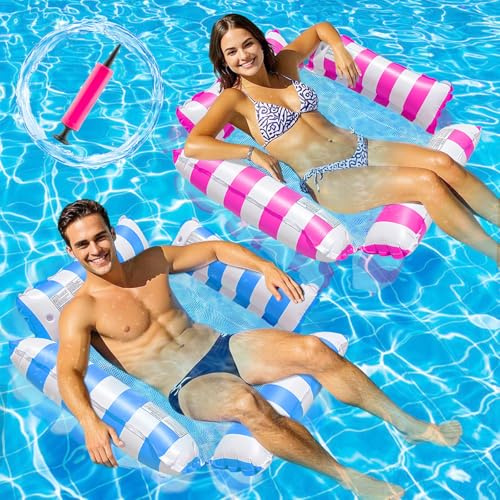 DOUUCO 2 Pack Inflatable Pool Float, Water Hammock with Net Inflatable Hammocks for Swimming Pools, 4-in-1 Swimming Pools Chair Air Mattress Bed Beach Pool Drifter Lounger for Adults